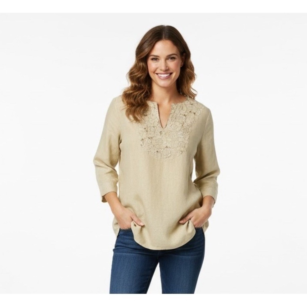 WinterSilks Tunic Top Women M Beige Excellent Silk Linen Lace Floral V-Neck